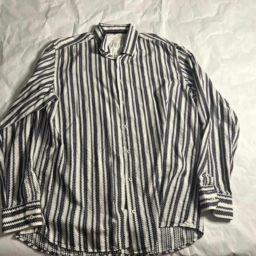 Luchiano Visconti Mens Black White Zig Zag Stripe Long Sleeve Button Shirt Geo
